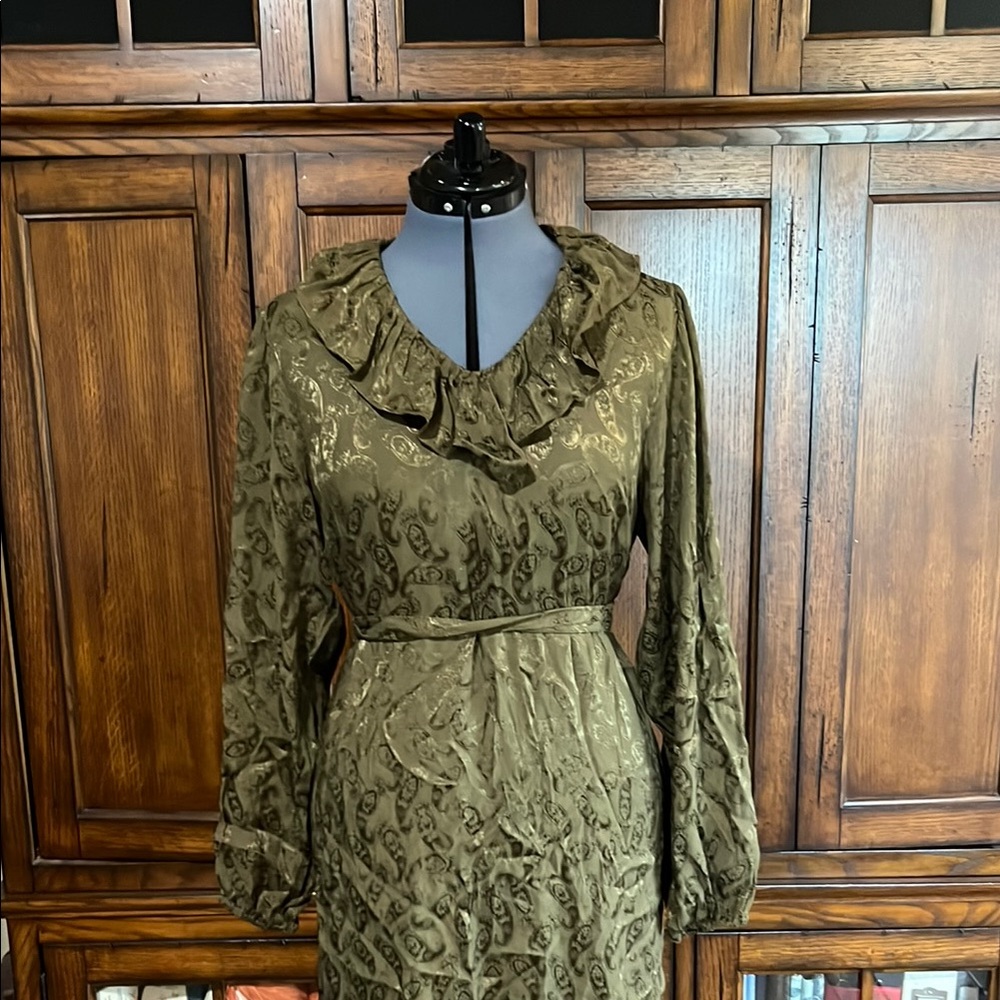 Downeast Green Jacquard Ruffle Sheath Dress